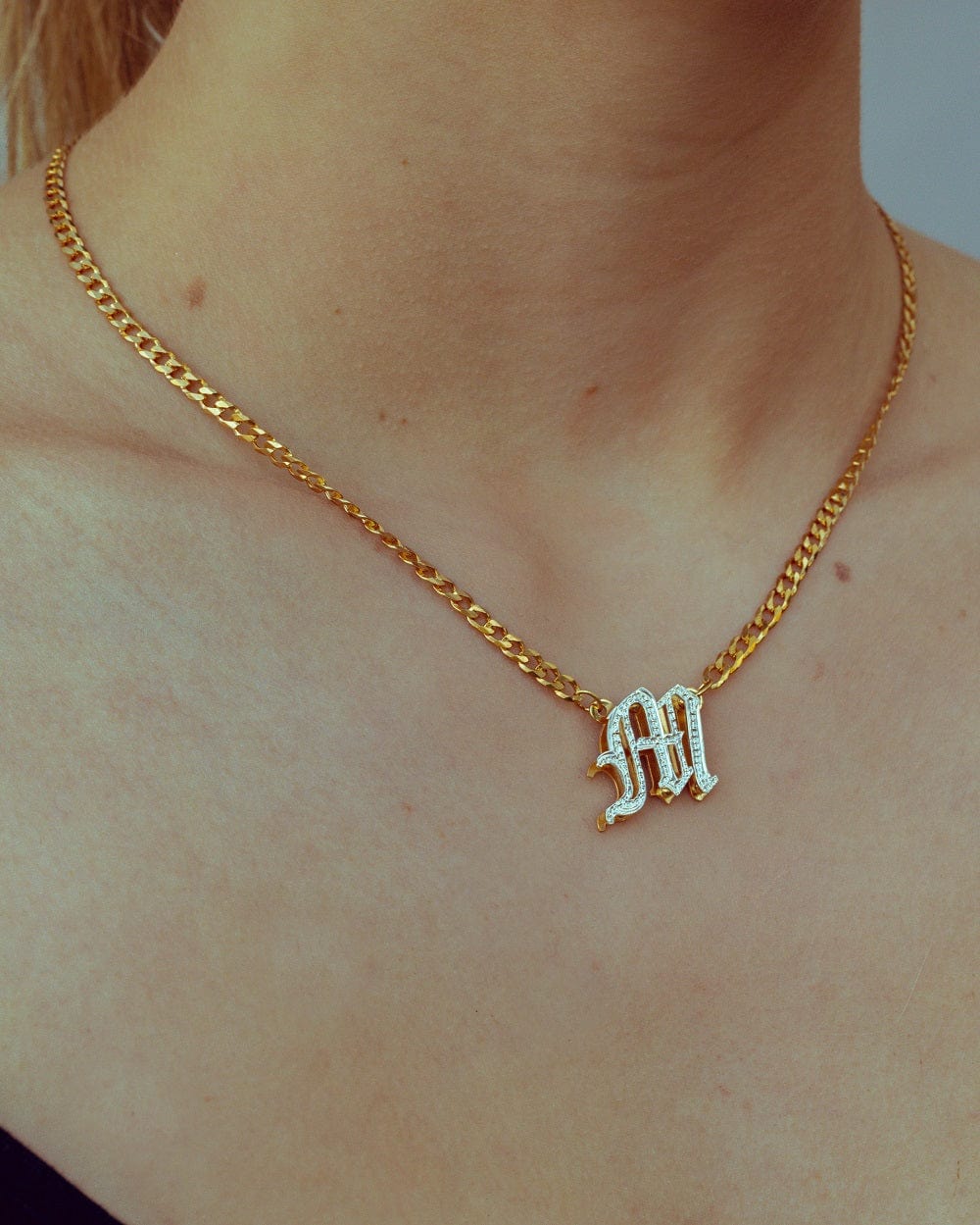 Double Plated Gothic Initial Necklace with Cuban Chain
