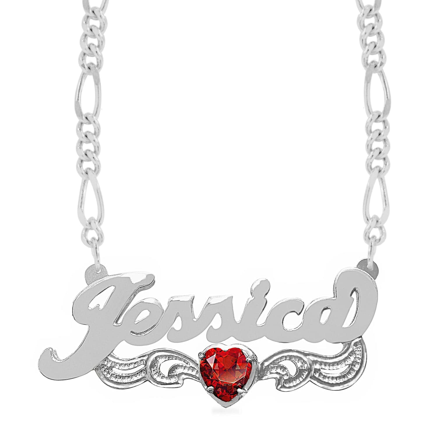 Sterling Silver / Figaro Chain Birthstone Heart Rhodium "Double" Nameplate with Figaro chain