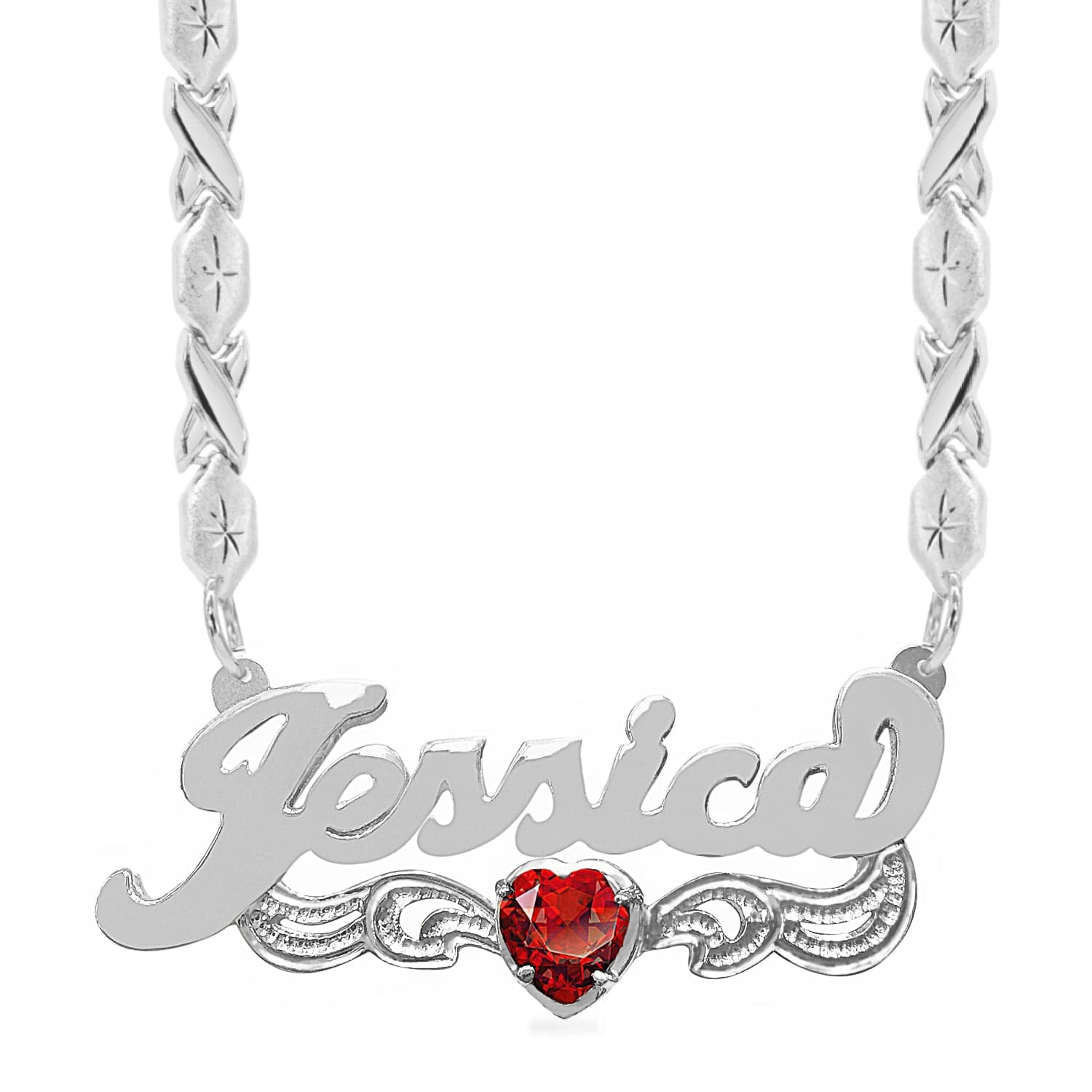 Sterling Silver / Xoxo Chain Birthstone Heart Rhodium "Double" Nameplate with Xoxo chain