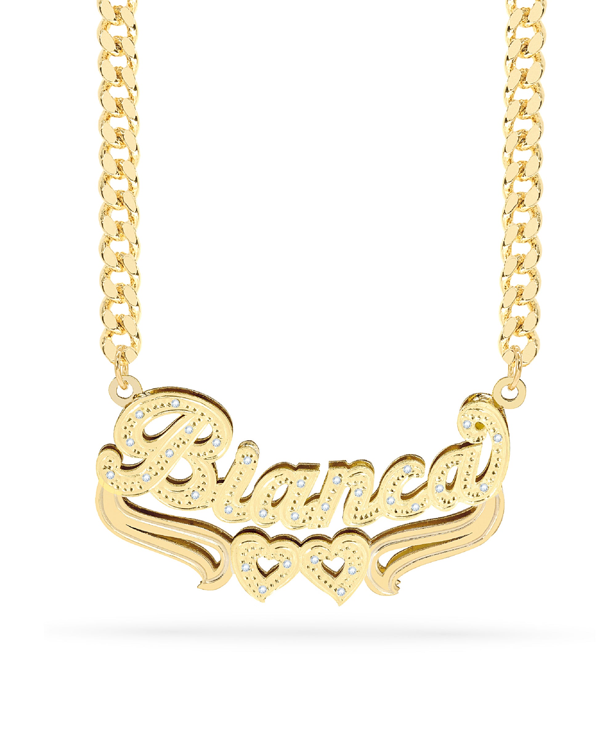Diamond Double Nameplate Necklace w/ Hearts "Bianca"