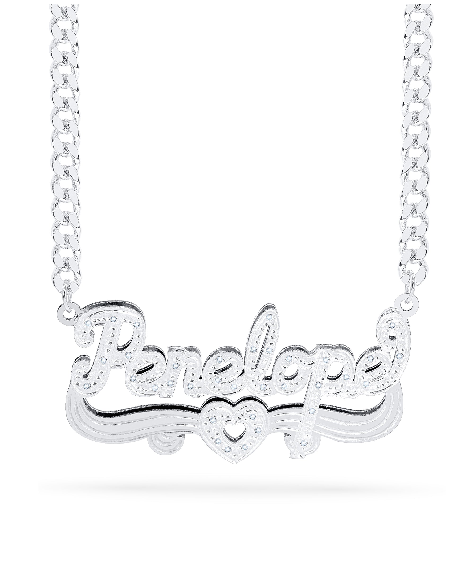 Diamond Double Nameplate Necklace w/ Heart "Penelope"