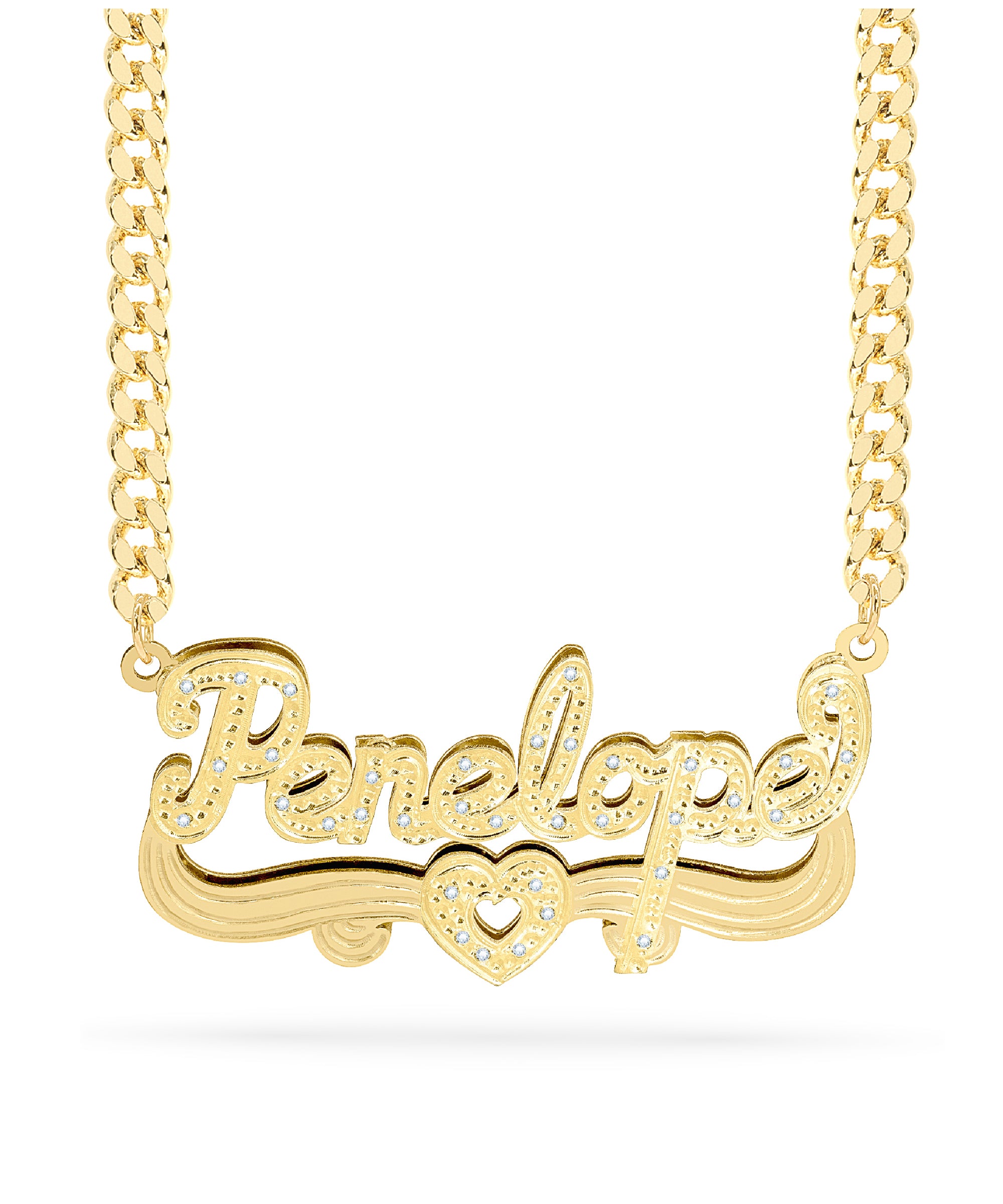 Diamond Double Nameplate Necklace w/ Heart "Penelope"