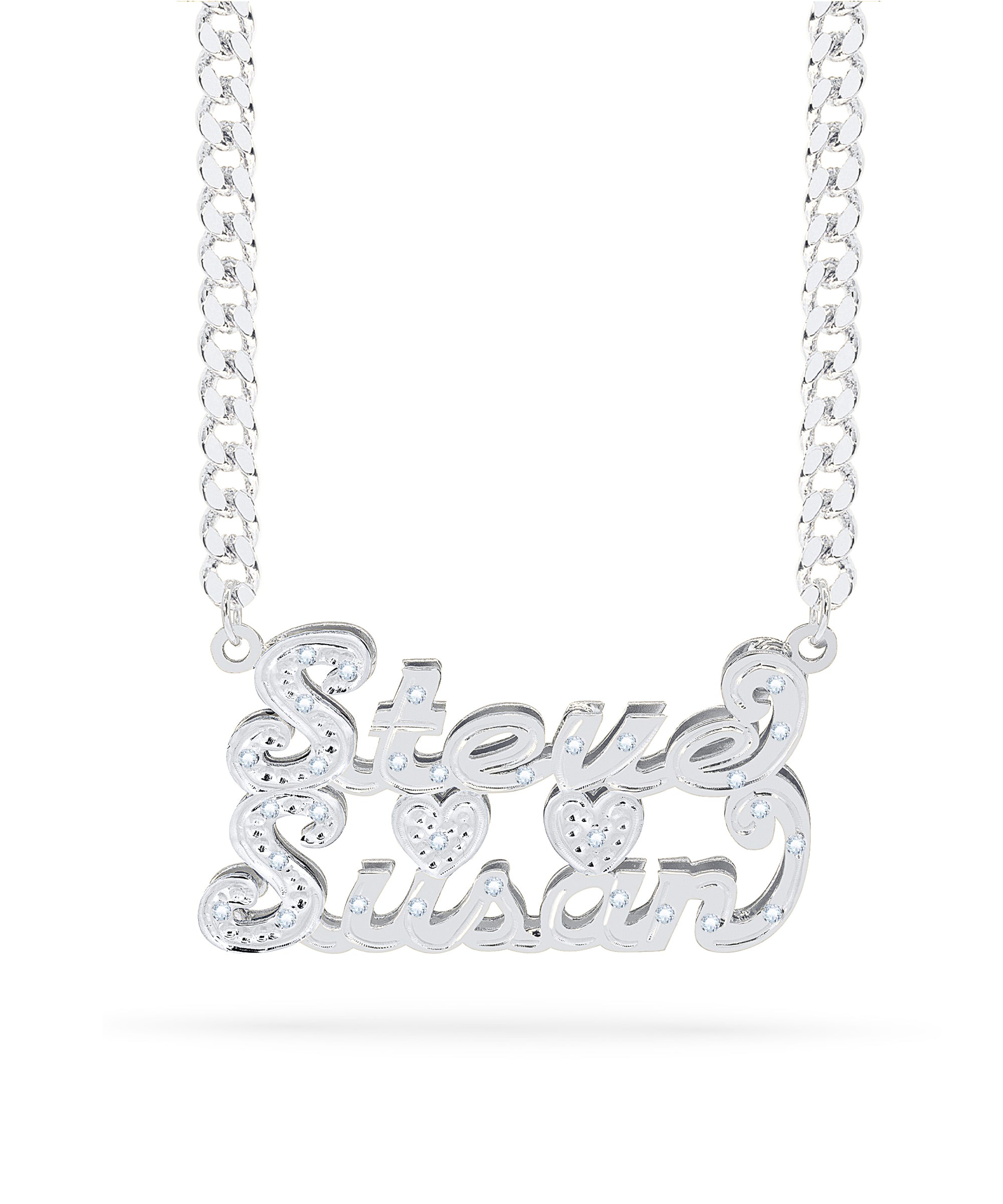 Diamond Couple Double Name Necklace w/ Heart "Steve & Susan"
