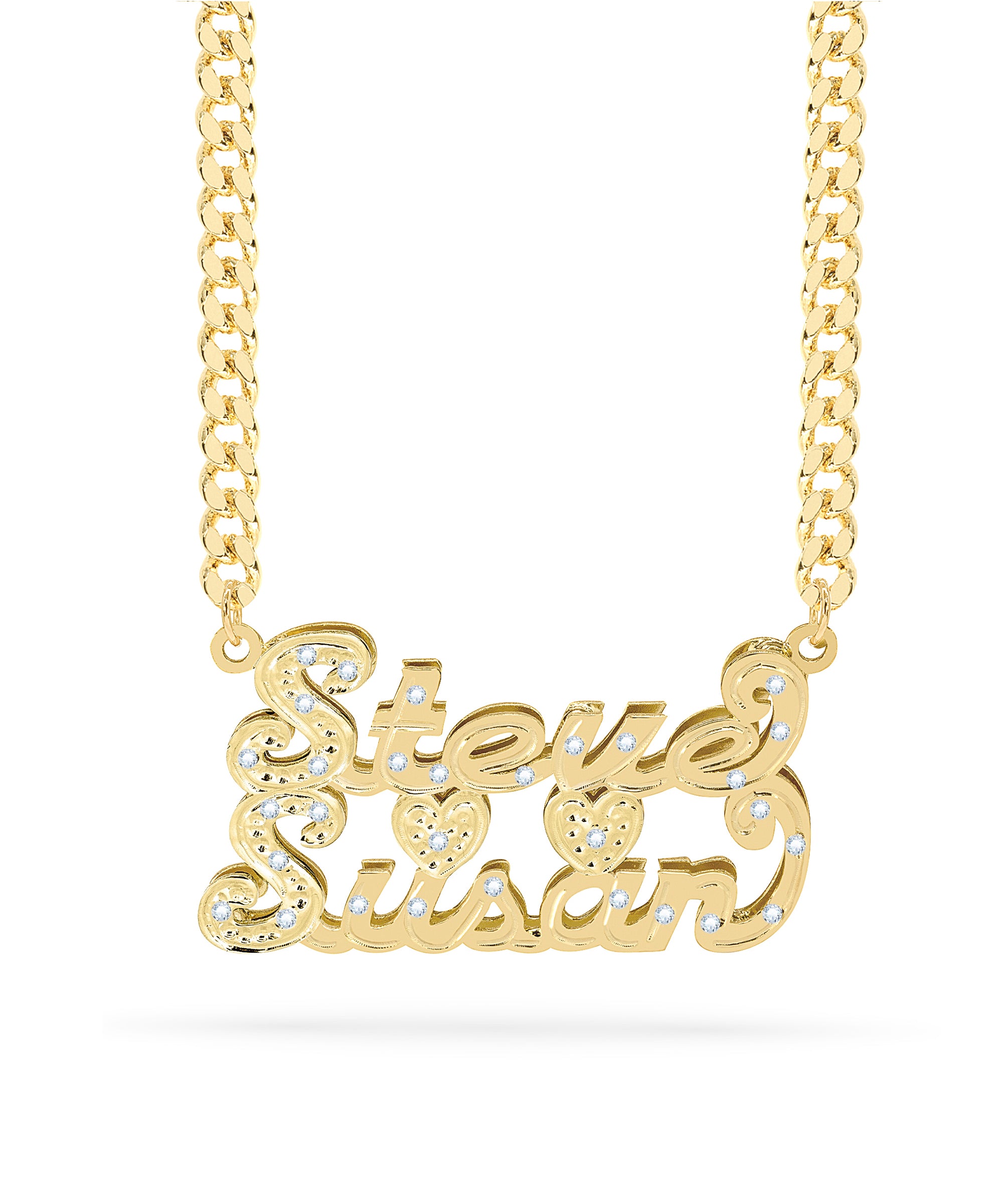 Diamond Couple Double Name Necklace w/ Heart "Steve & Susan"