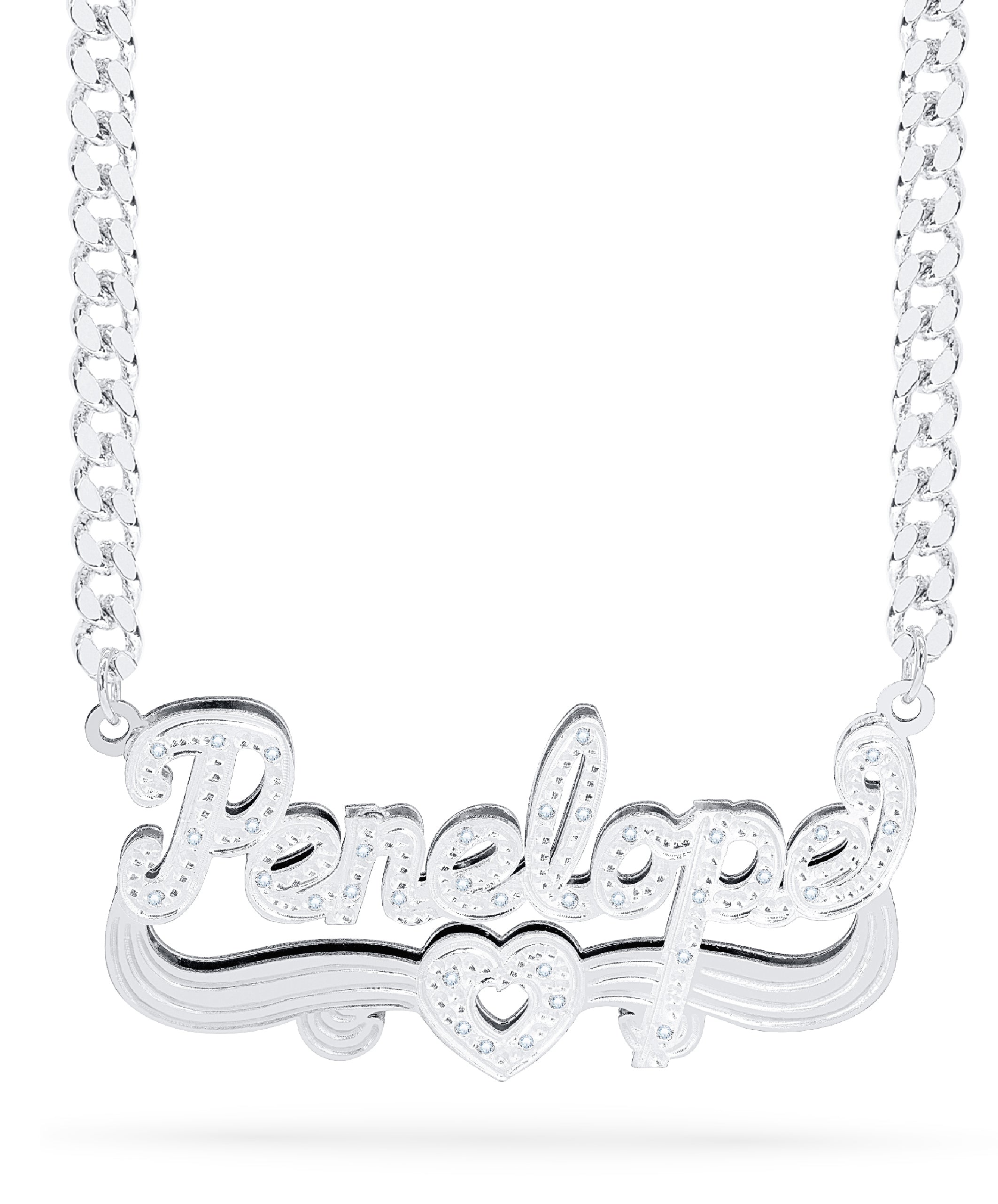 Diamond Double Nameplate Necklace w/ Heart "Penelope"