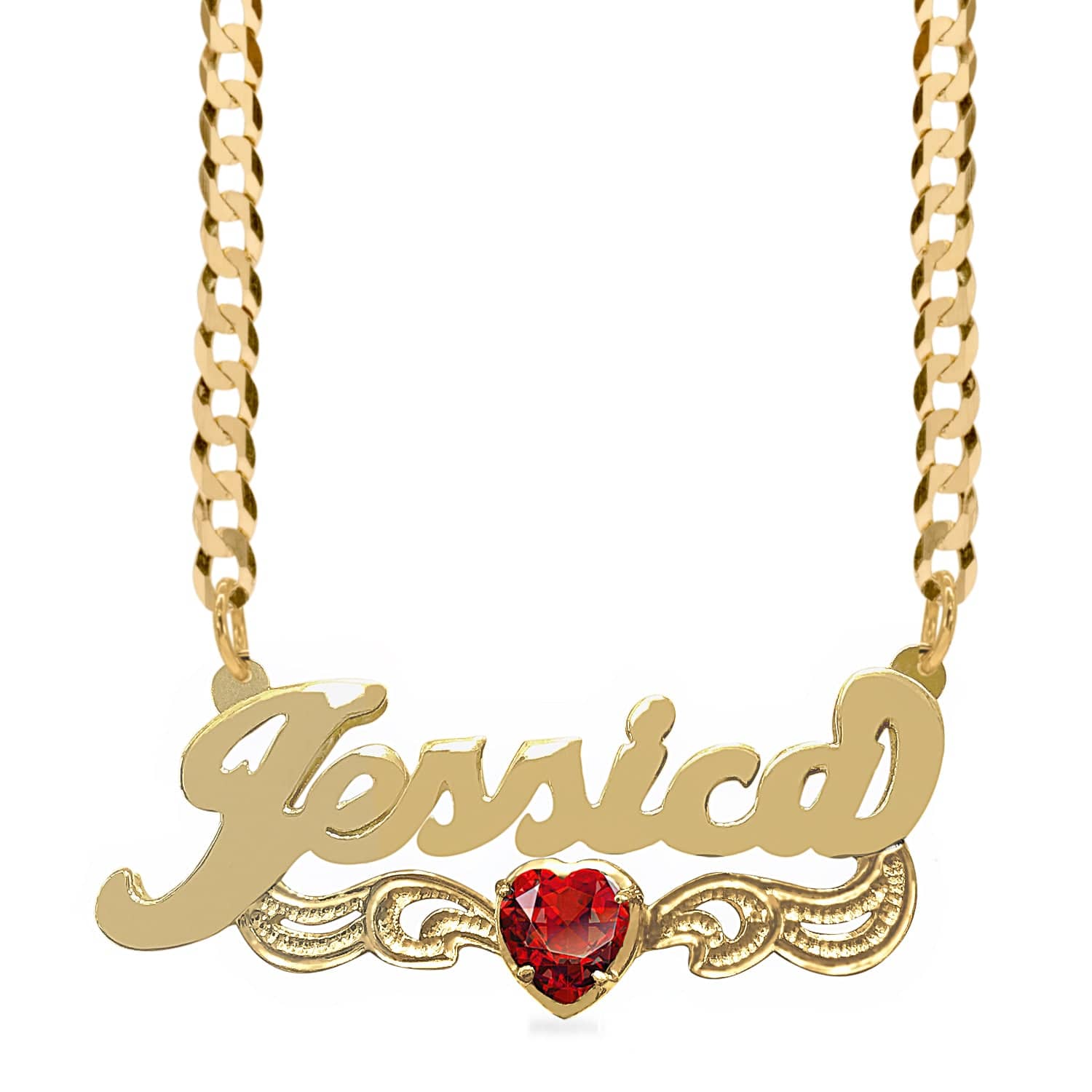 14k Gold over Sterling Silver / Cuban Chain Birthstone Heart Rhodium "Double" Nameplate with Cuban chain