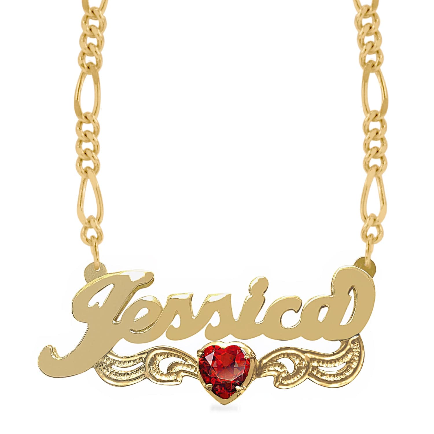 14k Gold over Sterling Silver / Figaro Chain Birthstone Heart Rhodium "Double" Nameplate with Figaro chain