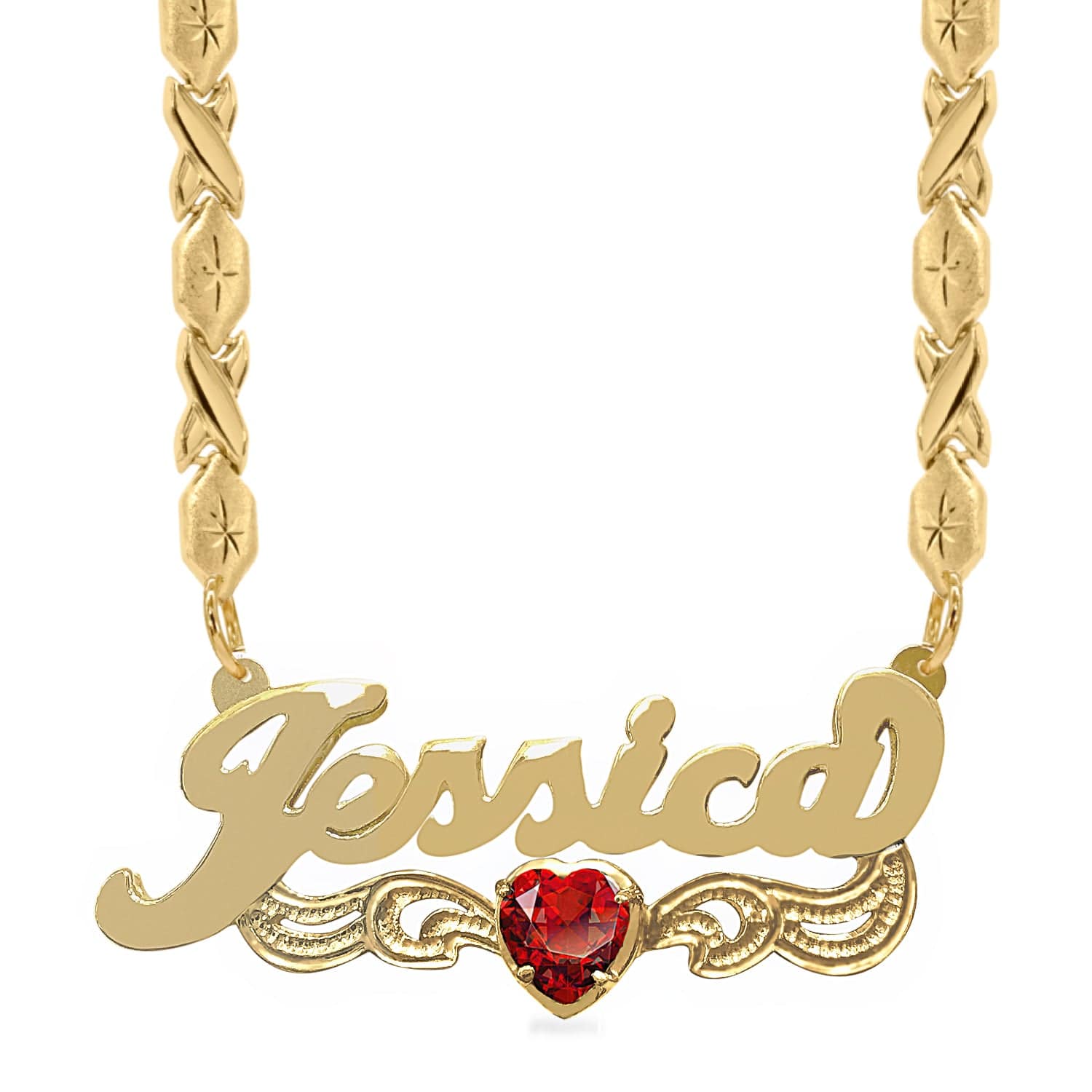 14k Gold over Sterling Silver / Xoxo Chain Birthstone Heart Rhodium "Double" Nameplate with Xoxo chain