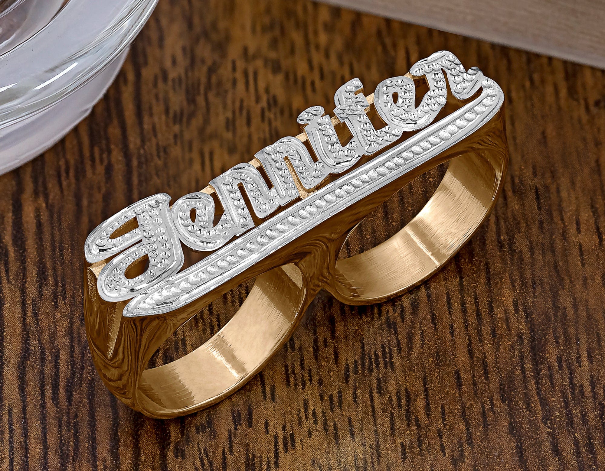 Amazon.com: Gemiac Personalized Name Ring Custom Nameplate Ring Unisex 18K  Gold Plated Initial Two Finger Ring Jewelry Gift for Women Men Girl Boys  Birthday: Clothing, Shoes & Jewelry