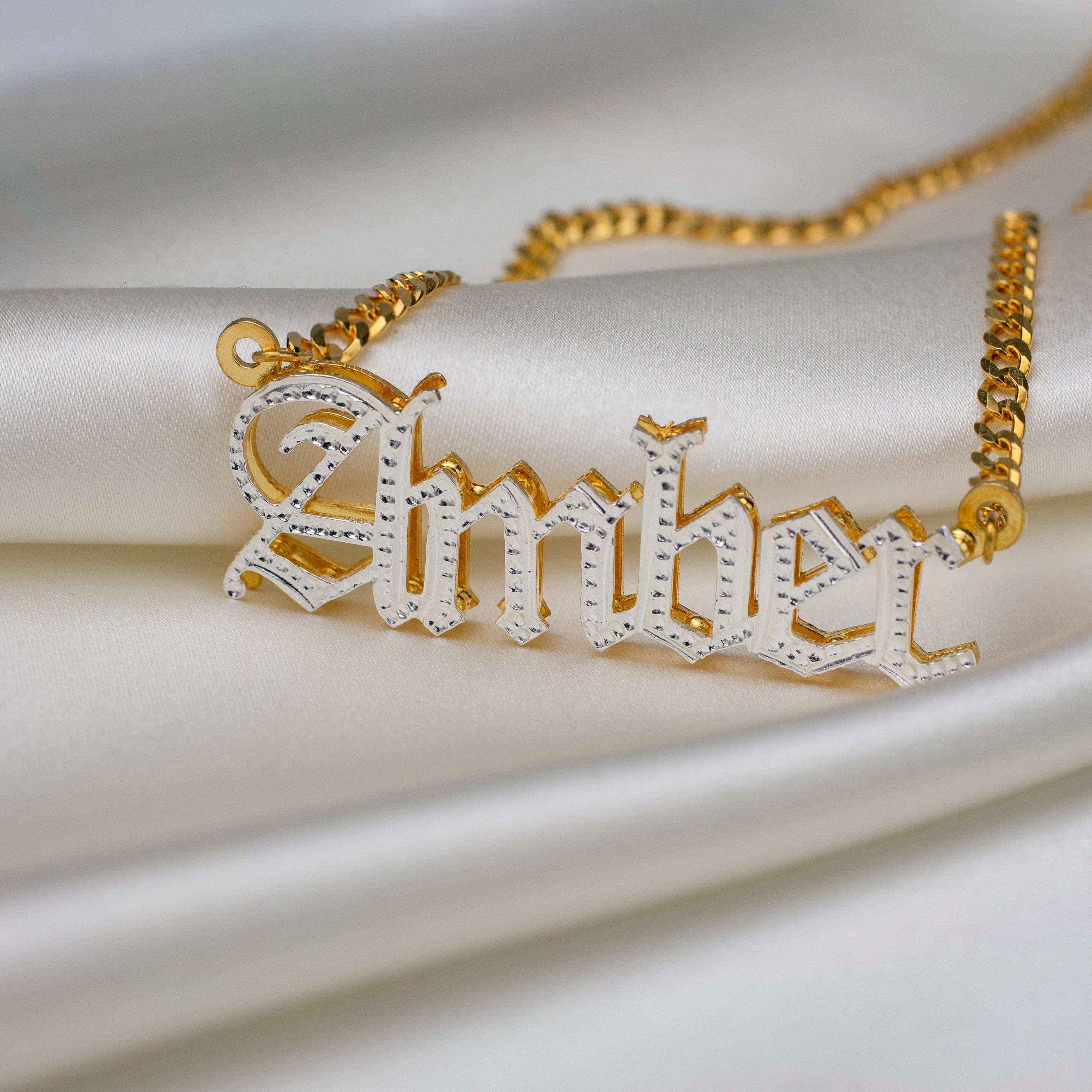 Kids Double Plated Gothic  Name Necklace with Cuban Chain