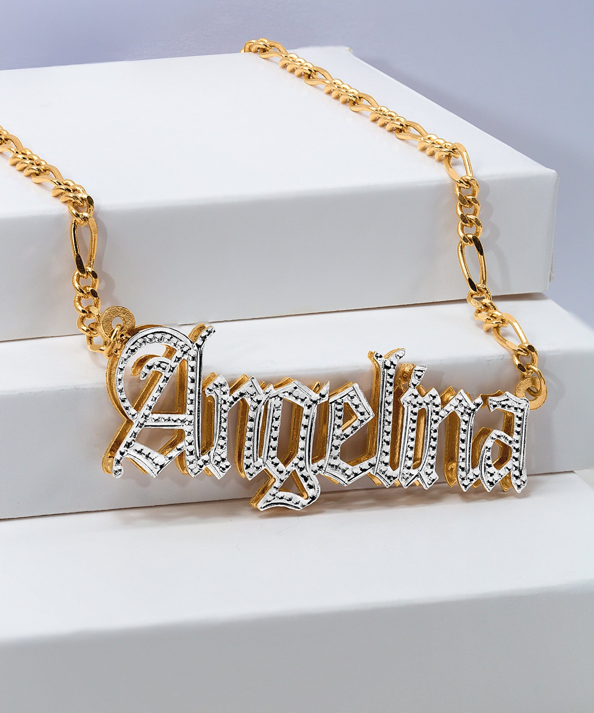 Double Plated Gothic Name Necklace with Figaro Chain