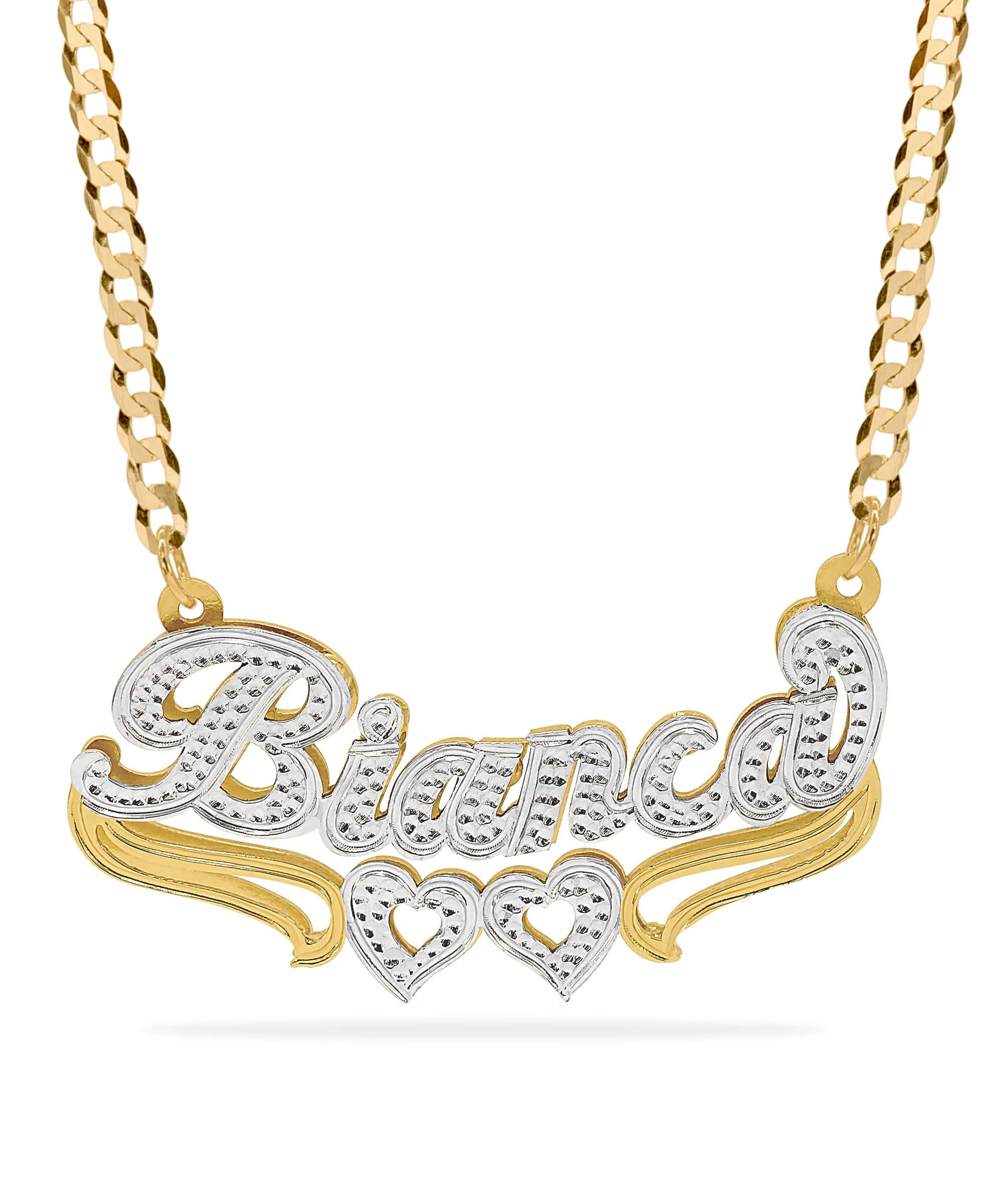 Double Plated Heart Name Necklace with Cuban Chain