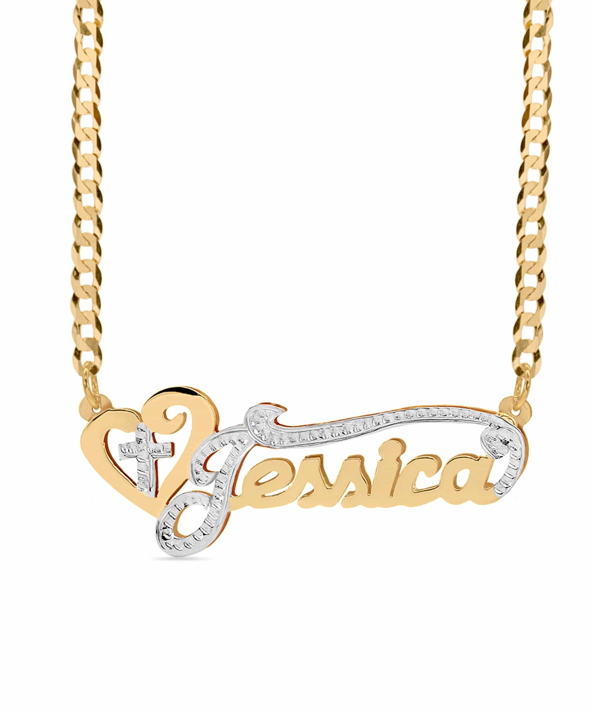 Double Plated Cross Name Necklace with Cuban Chain
