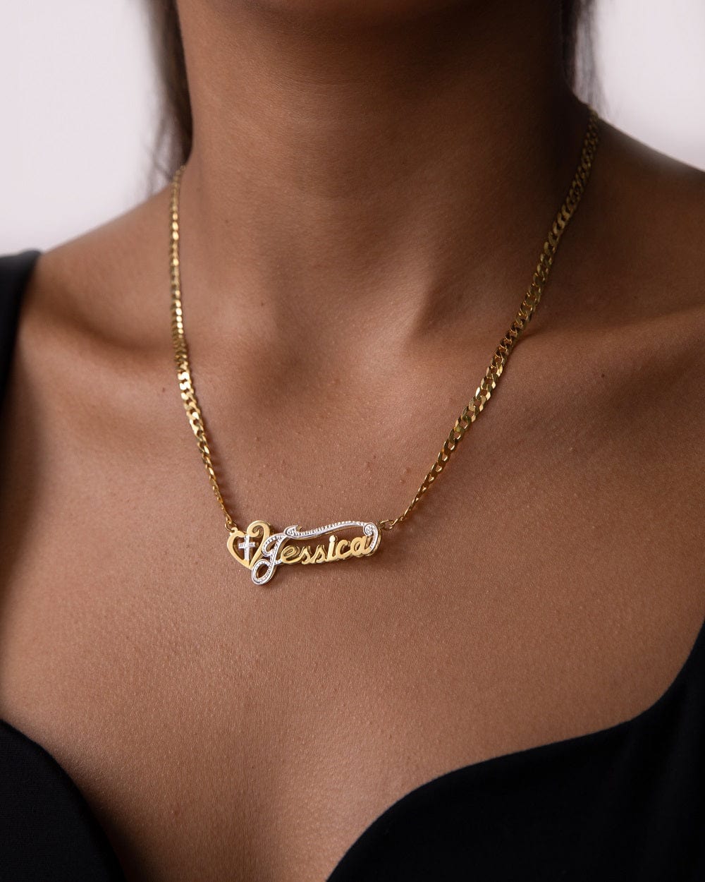 Double Plated Cross Name Necklace with Cuban Chain