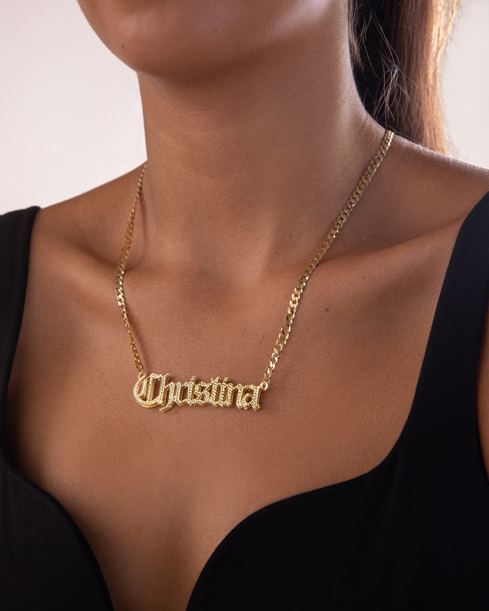 The Golden Double Plated Gothic Name Necklace with Cuban Chain
