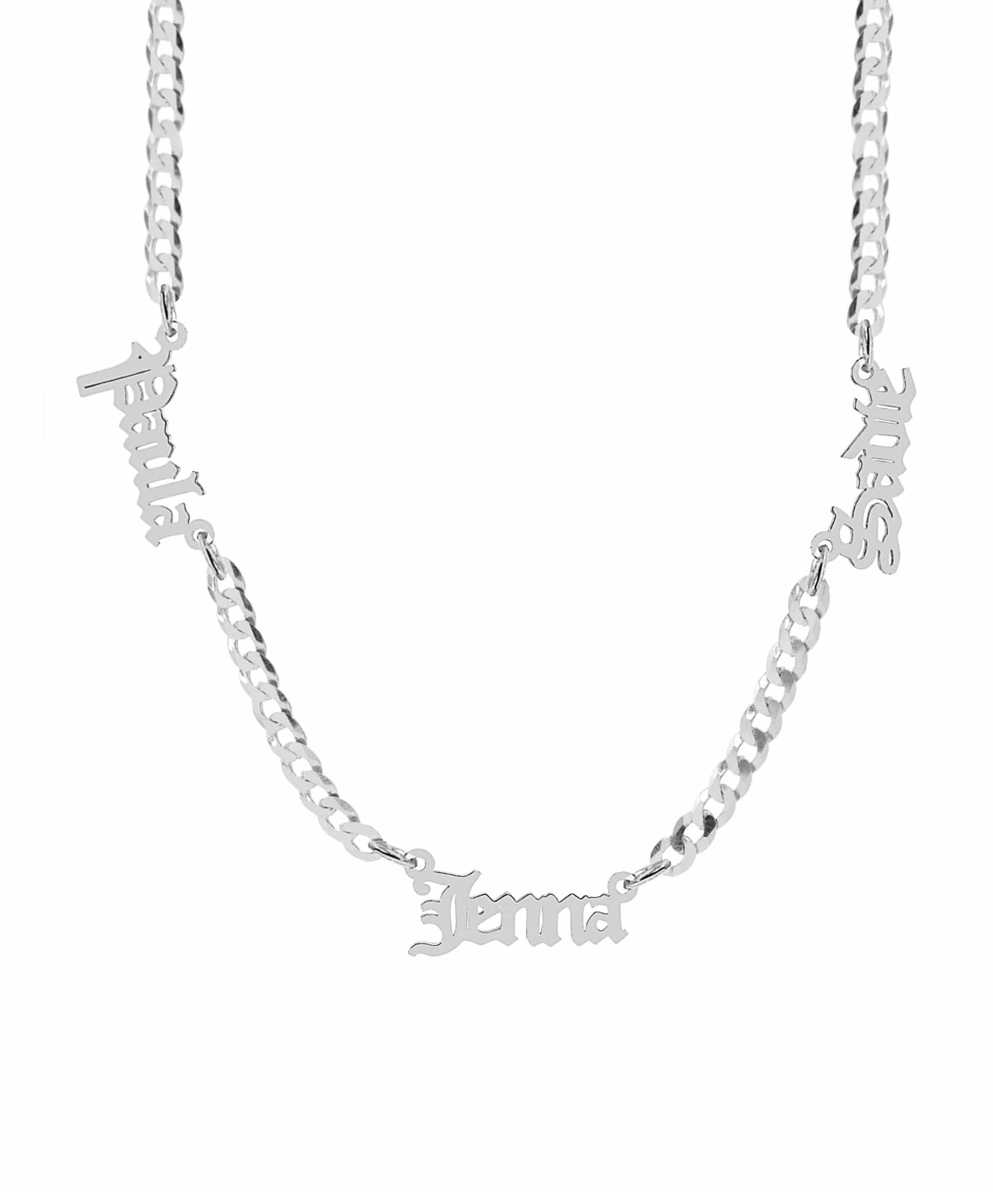 Three Gothic Nameplate Necklace With Cuban Chain