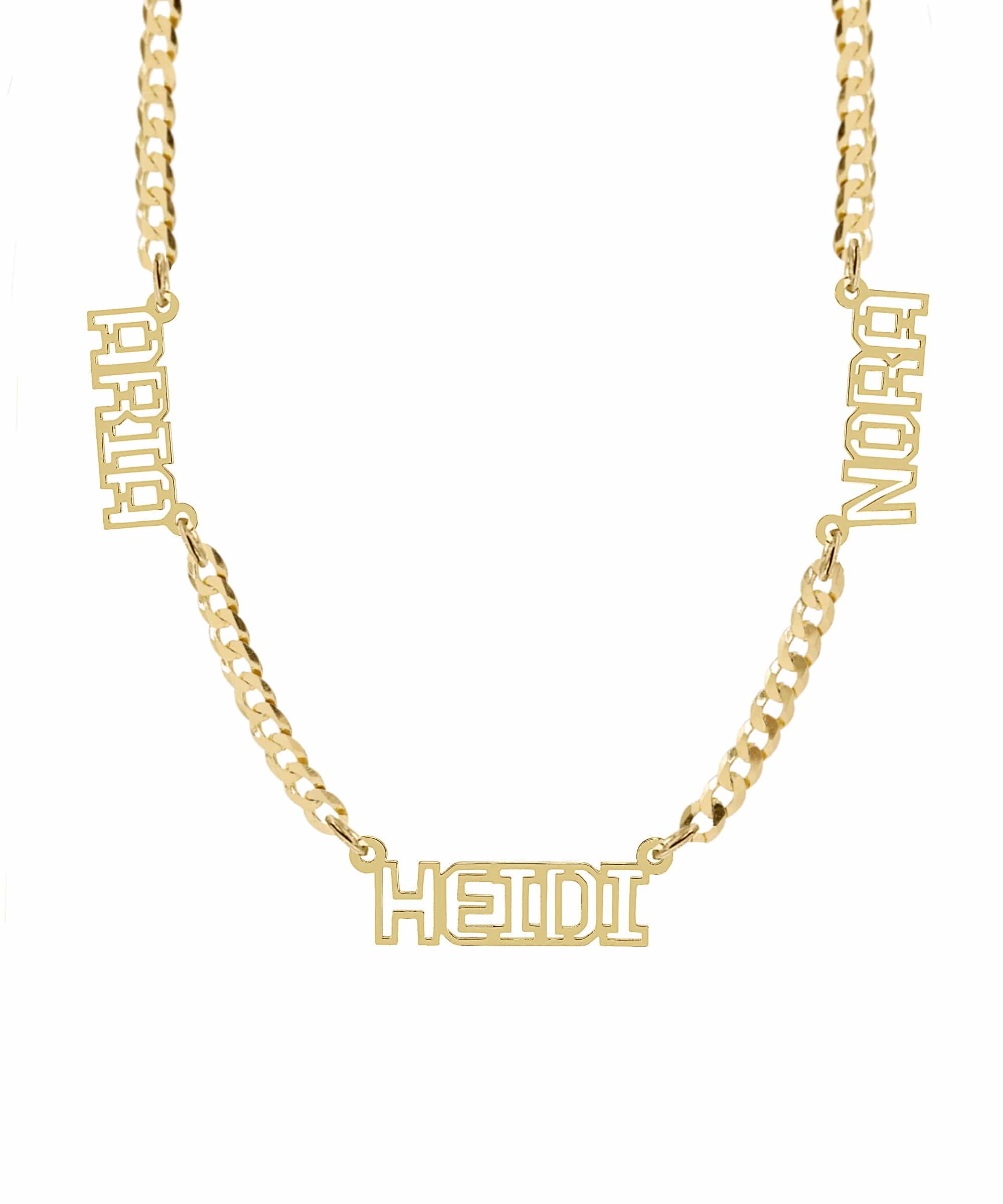Outline Three Block Nameplate Necklace With Cuban Chain