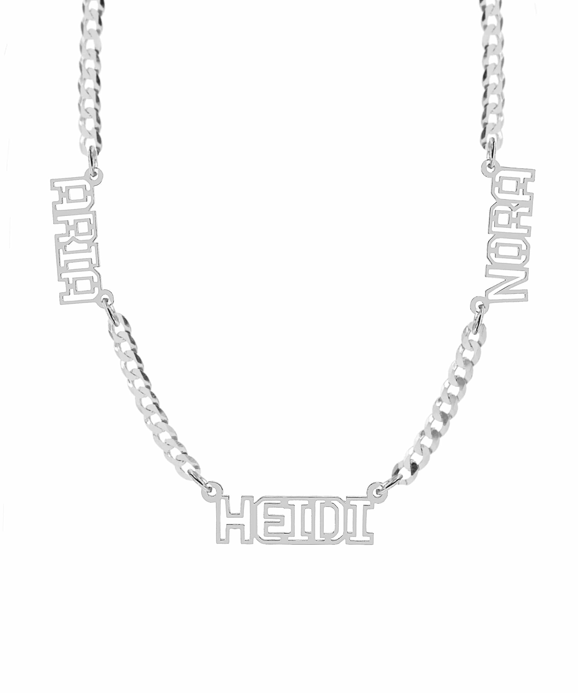 Outline Three Block Nameplate Necklace With Cuban Chain
