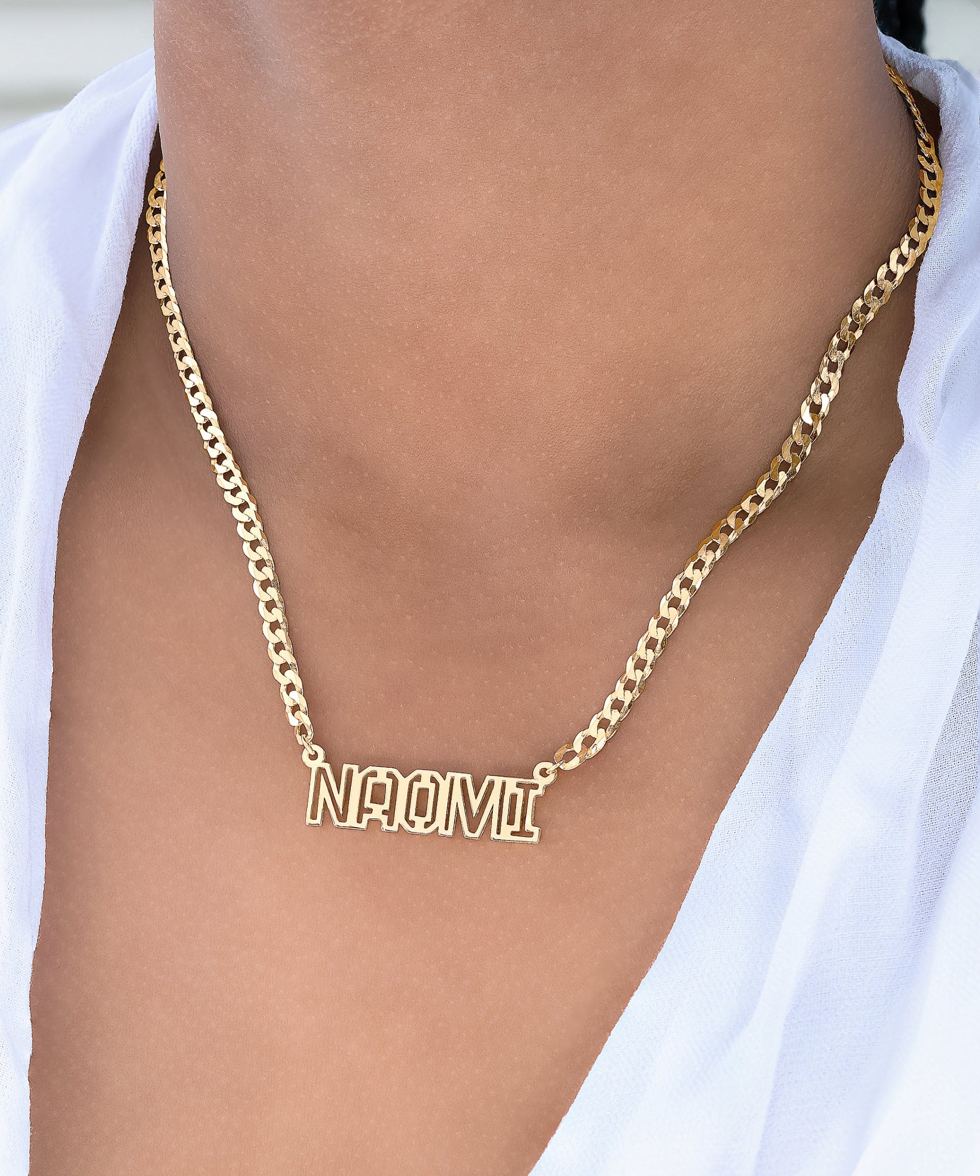 Outline Block Nameplate Necklace With Cuban Chain