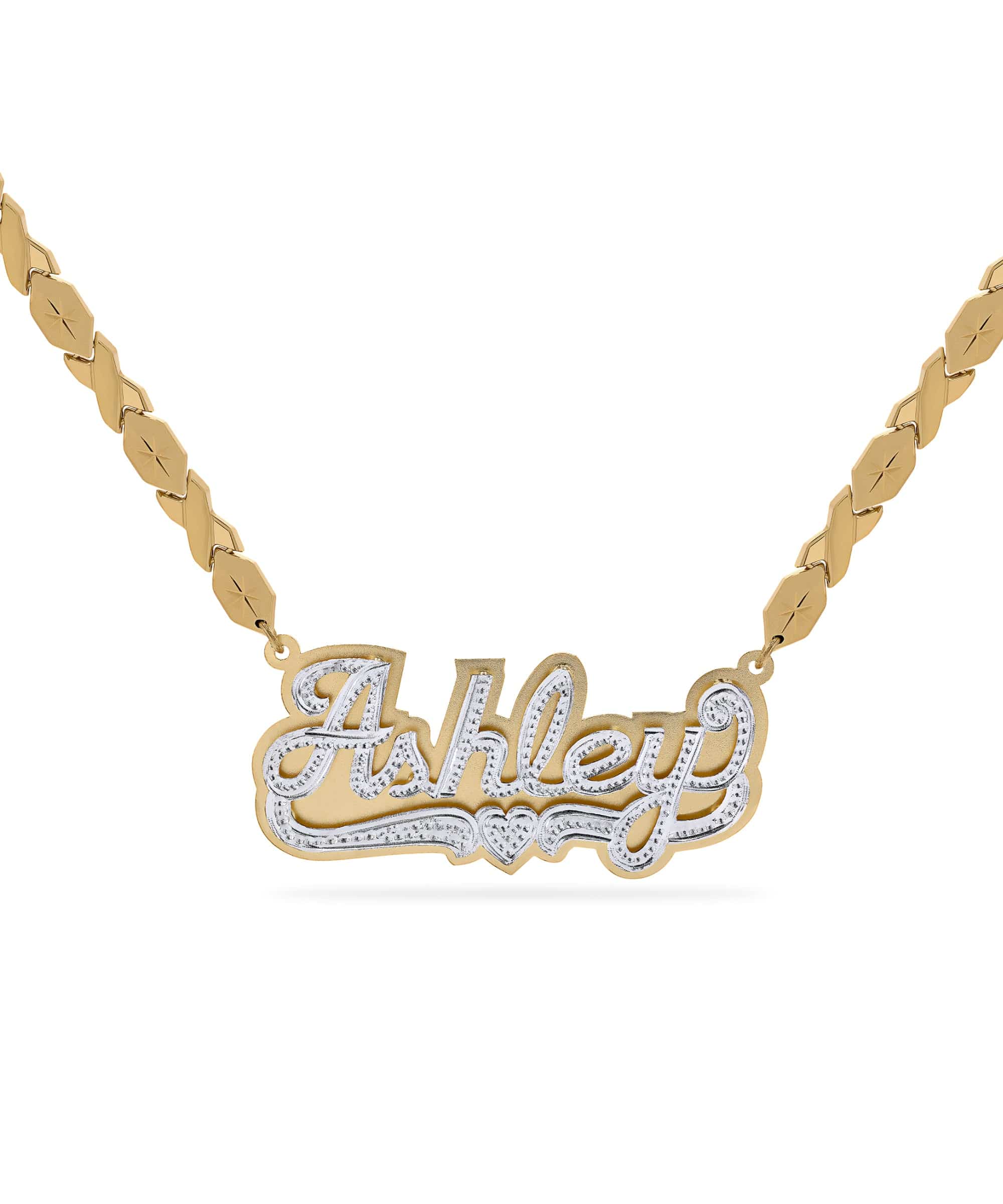 Double Plated Script Name Necklace with Hugs and Kisses Chain