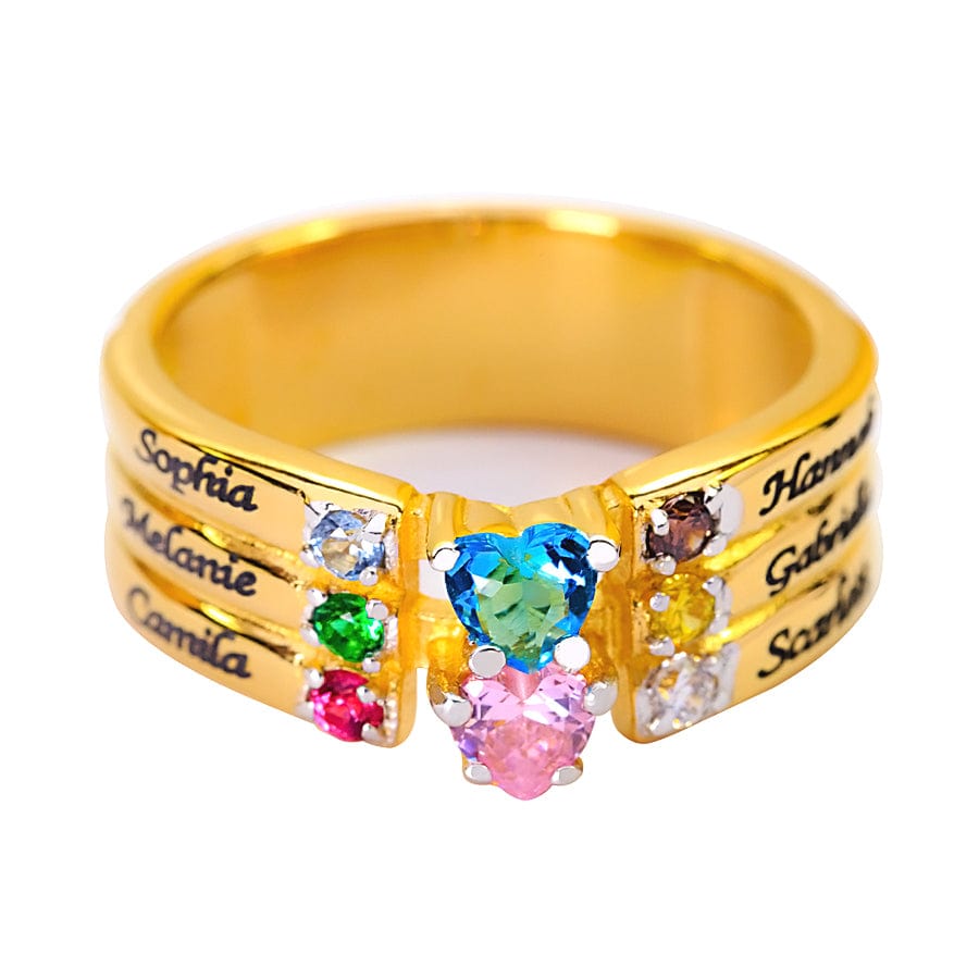 Gold Plated / 5 Family Ring with Birthstones and Engraved Names