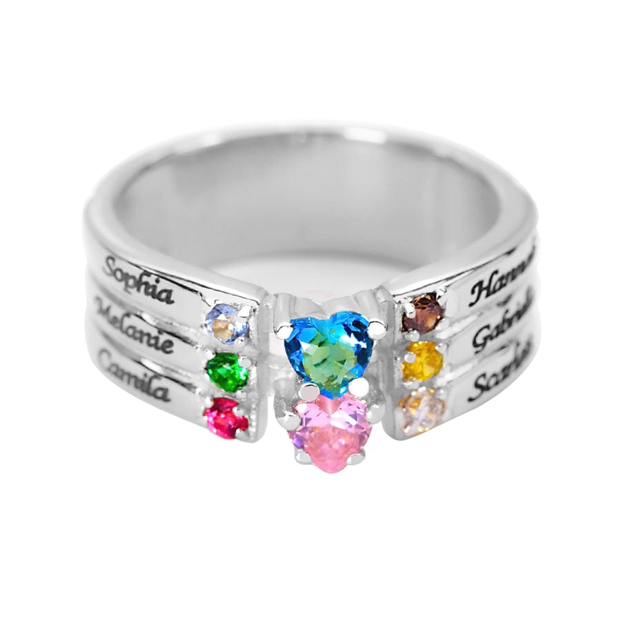 Silver Plated / 5 Family Ring with Birthstones and Engraved Names