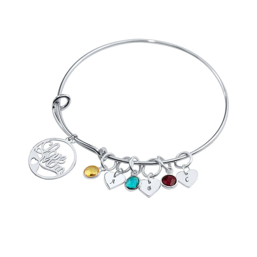 Silver Plated / Two Initials and Two Birthstones / Love Mom Mothers Bangle