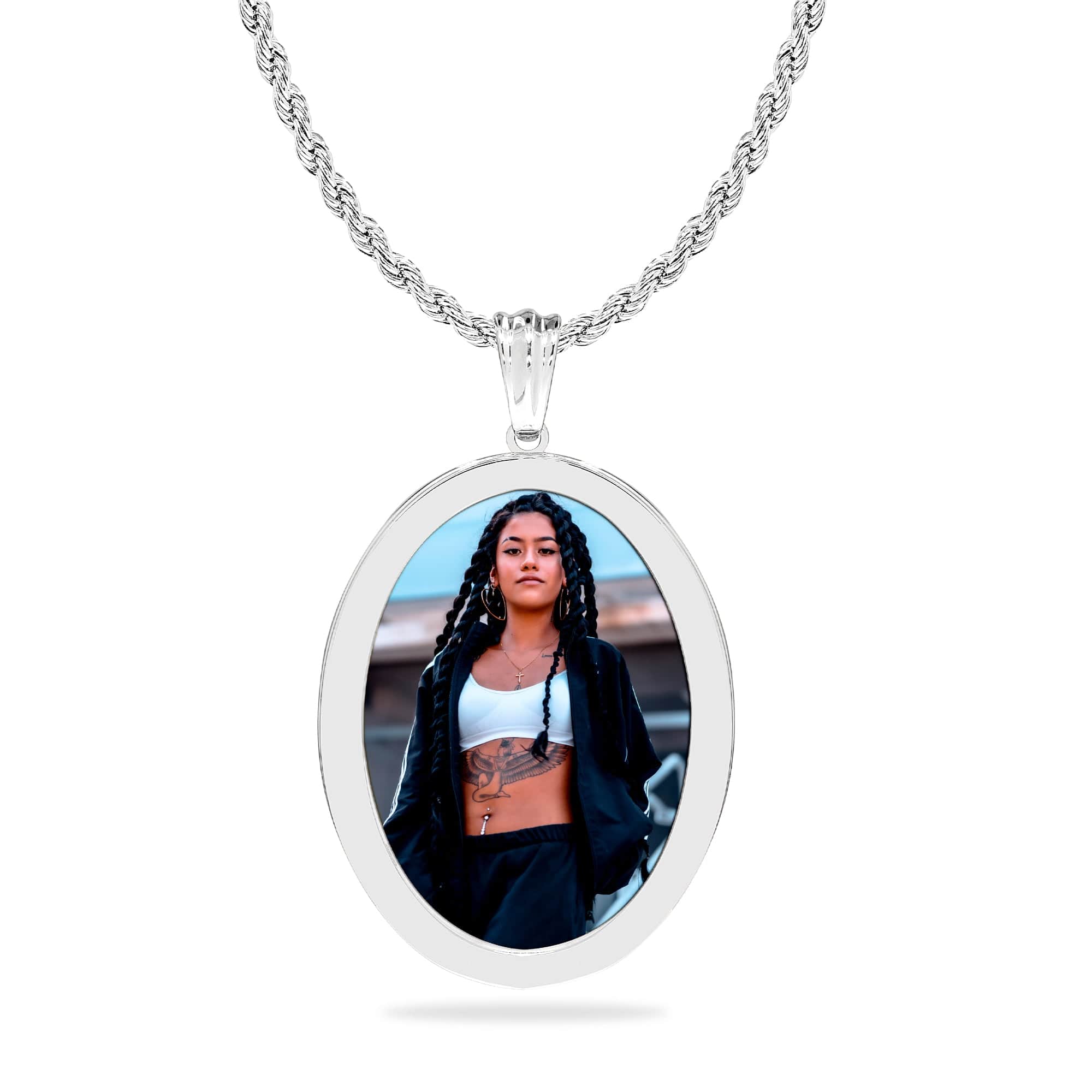 Stainless Steel / Rope Chain High Polished Oval Photo Pendant