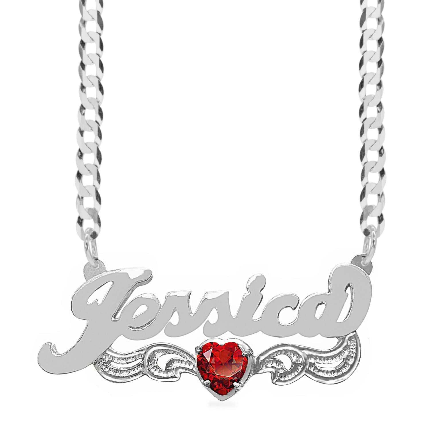 Sterling Silver / Cuban Chain Birthstone Heart Rhodium "Double" Nameplate with Cuban chain