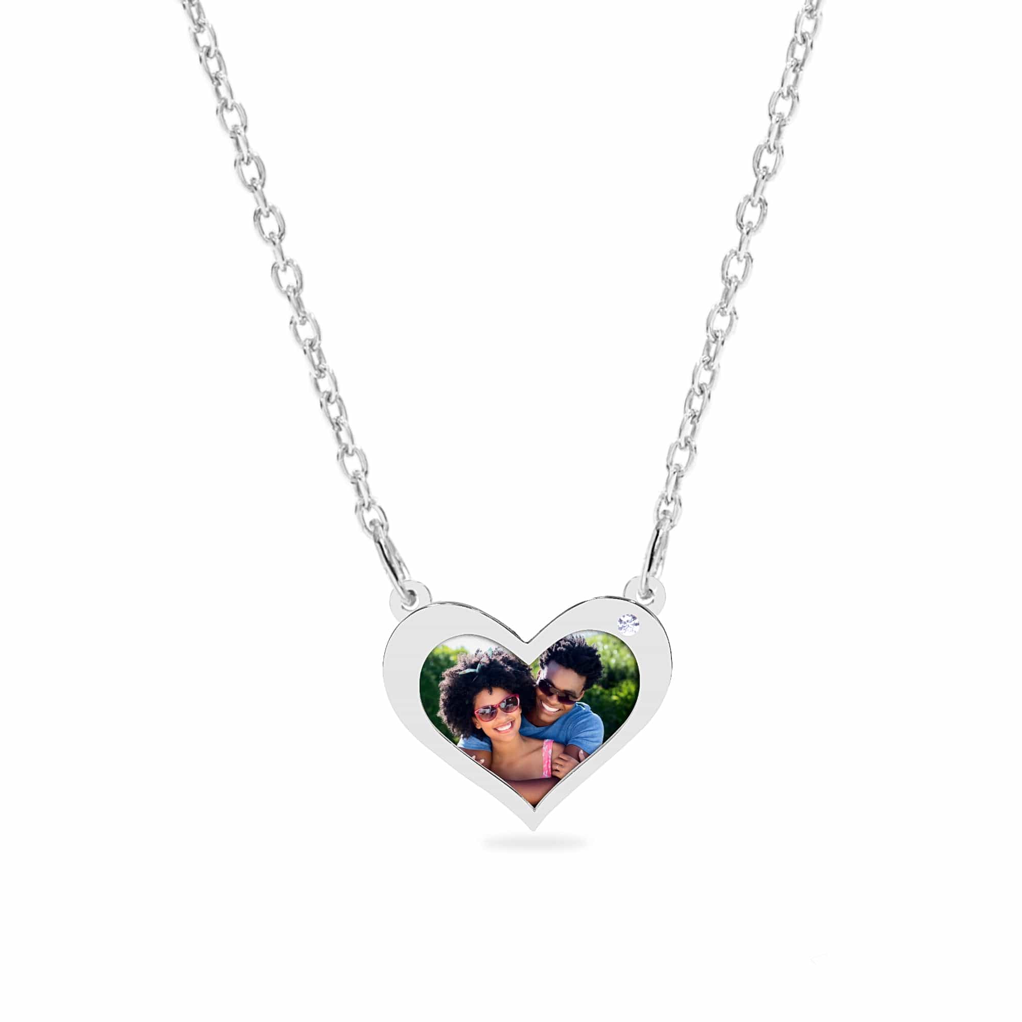 Sterling Silver / Link Chain Copy of Heart Shaped Photo Pendant With Zirconia