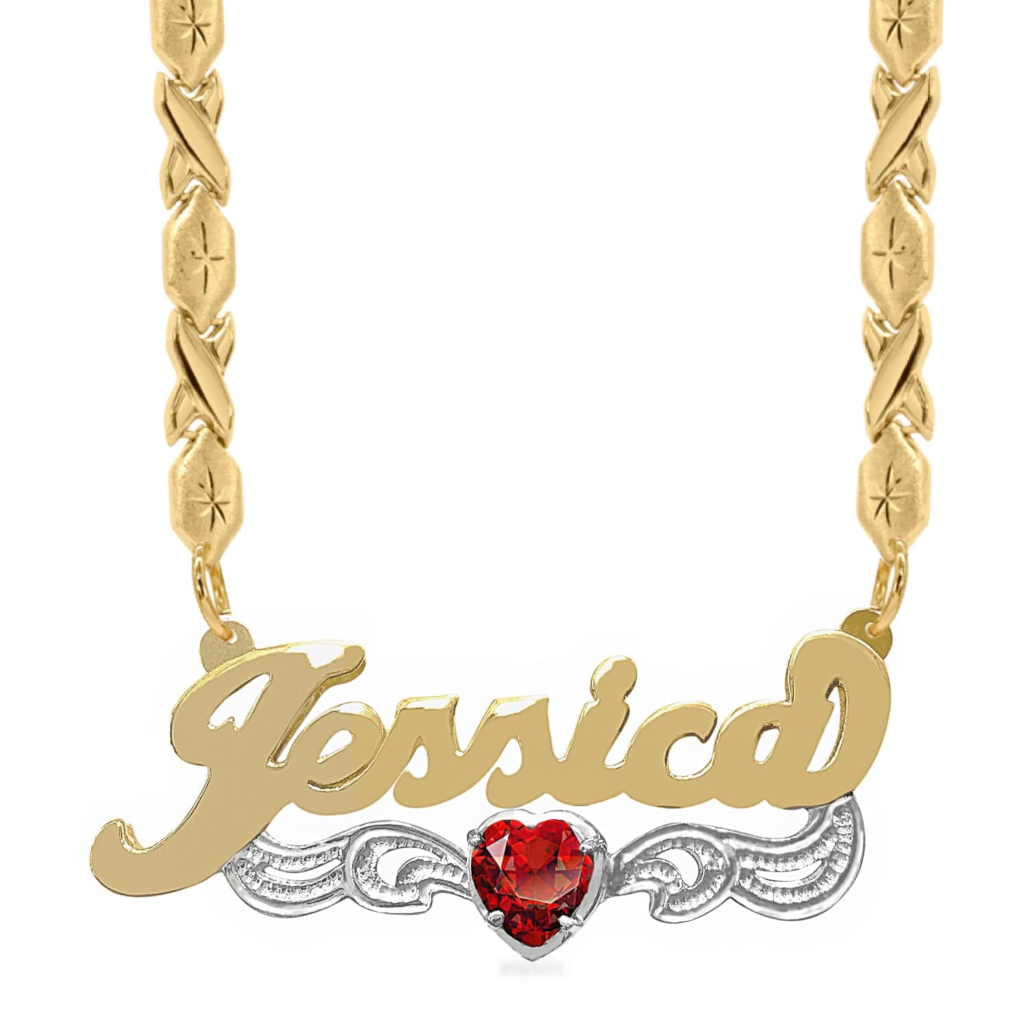 Two-Tone. Sterling Silver / Xoxo Chain Birthstone Heart Rhodium "Double" Nameplate with Xoxo chain